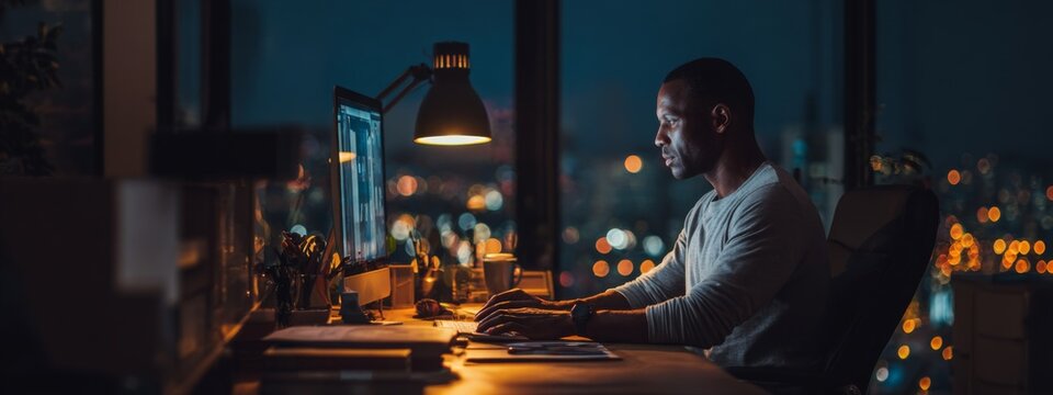 Thoughtful man working night shift at desk with computer in modern office overlooking city lights