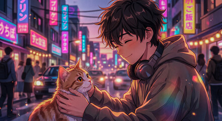 Obraz premium Anime lofi boy petting cute cat in crowded neon city, cozy emotional moment, colorful urban night, soft lighting, relaxing aesthetic, focus on character