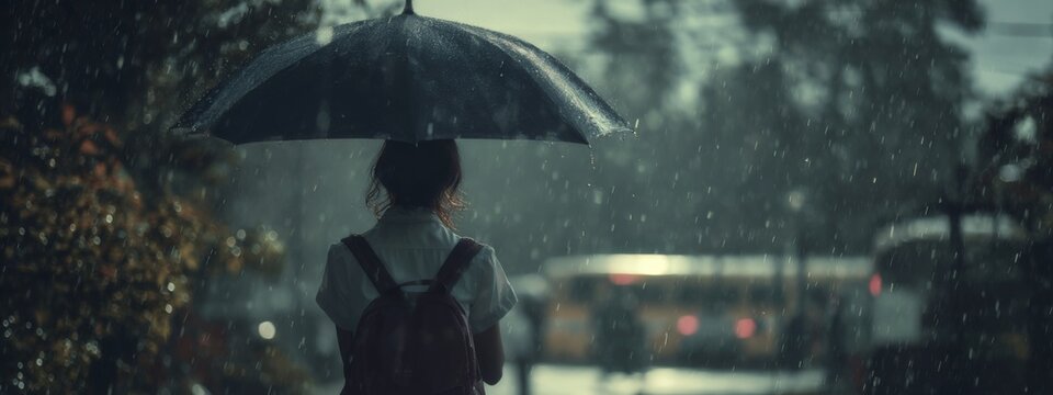 A Young Person Braving the Rain with an Umbrella on the Way to School in a Moody and Cinematic Setting