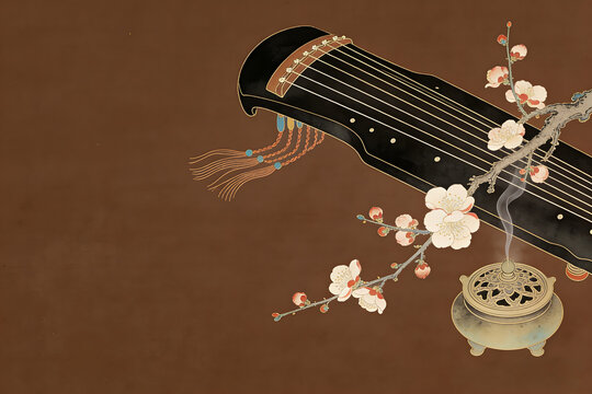 Black guqin with plum blossoms and incense burner on brown background