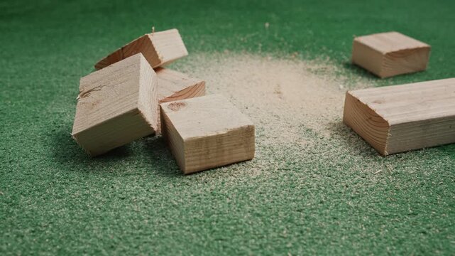 Cut wooden pieces lying near sawdust after cutting work creating result of carpentry and construction process with material processing and element preparation