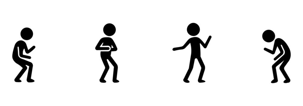 Stickman set with laughing poses showing humor, happiness, joy, comedy and cheerful emotional expressions, silhouettes in flat style