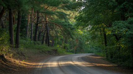 Fototapeta premium Aerial view of winding forest road through dense green trees