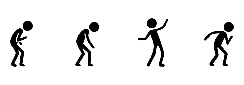 Stickman set with laughing poses showing humor, happiness, joy, comedy and cheerful emotional expressions, silhouettes in flat style