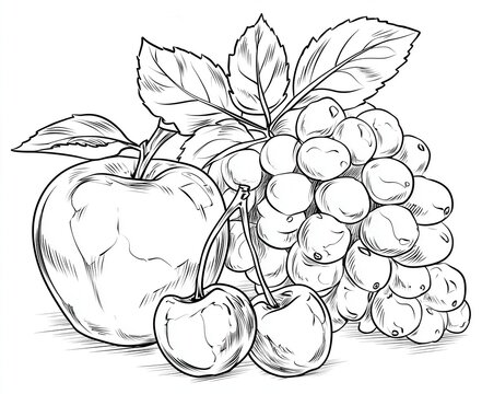 Fruit sketch with apple, cherries, and grapes on a surface