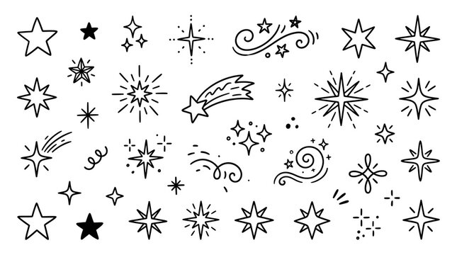 A diverse collection of hand-drawn star and sparkle doodle vector elements, perfect for adding a touch of magic and shine to any creative design project, celebration, or decorative graphic design