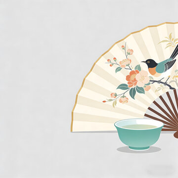 Traditional Chinese folding fan with bird and plum blossom painting, beside celadon tea bowl on light gray background