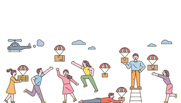 People receiving packages delivered by parachute with delivery