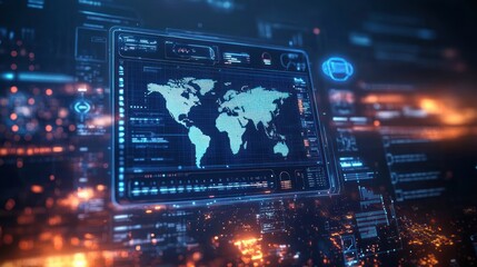 Fototapeta premium Futuristic holographic world map on a glowing digital dashboard with streaming data, blue and orange lights and an intense high-tech monitoring atmosphere