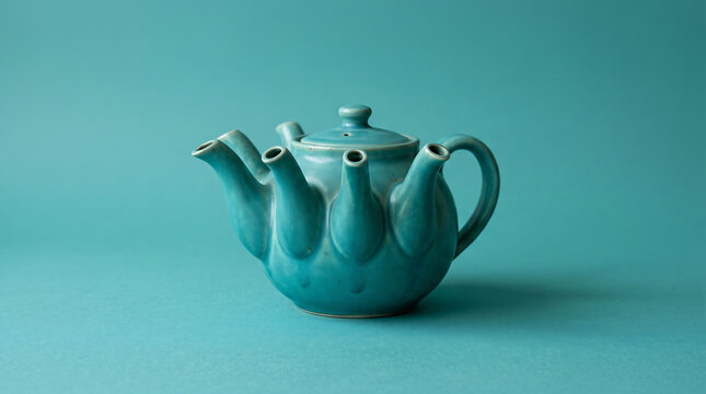 A unique teal teapot with multiple spouts on a matching monochromatic background.