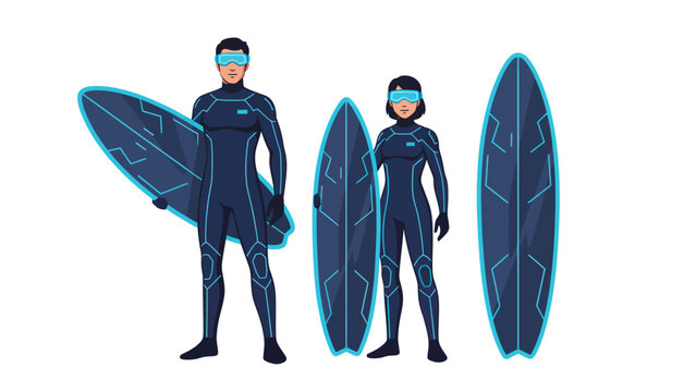 Futuristic Surfers: Man and Woman in Tech Wetsuits with Glowing Neon Surfboards and Visors. Digital Water Sports Illustration.