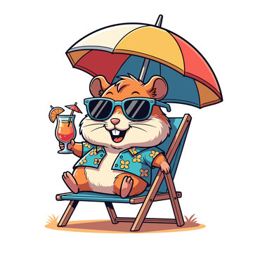 Cute Cartoon Hamster Relaxing on Beach Chair with Cocktail and Sunglasses Summer Vacation Illustration