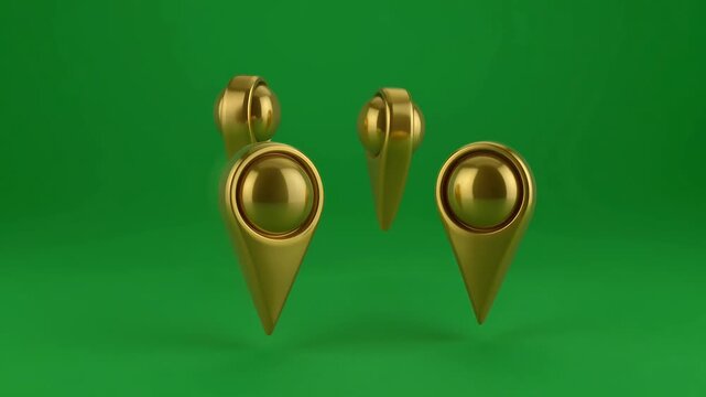 Cluster Of Golden Location Pointers Floating On A Solid Green Background With Motion Blur Effect Representing Navigation And Travel Concepts