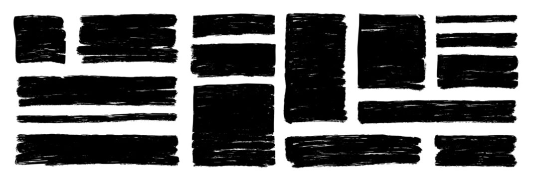 Rough brush square, rectangle frame with torn edges and jagged borders. Square and rectangle shapes for text boxes, vintage paper texture with rough brush black ink strokes. Vector illustration