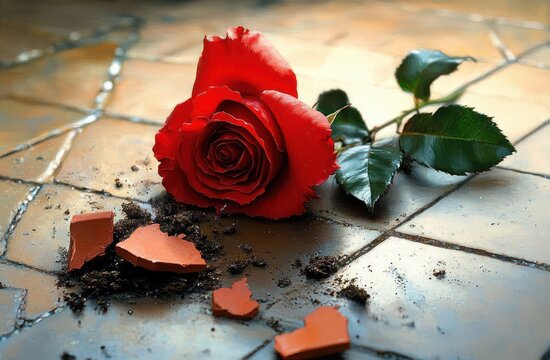 single red rose lying among terracotta pot shards and spilled soil on cracked tiled floor, evoking melancholy and longing