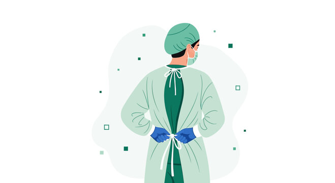 Surgeon in protective gear, back view, preparing for surgery, medical professionalism