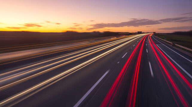 Long exposure of highway traffic at sunset, creating vibrant red and white light streaks from moving vehicles against a colorful twilight sky.