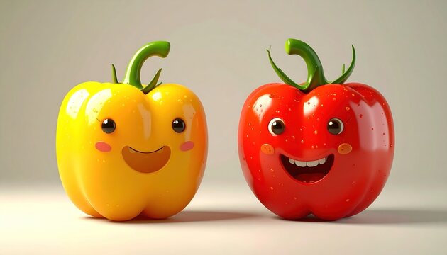 Two anthropomorphic bell peppers, yellow and red, smiling