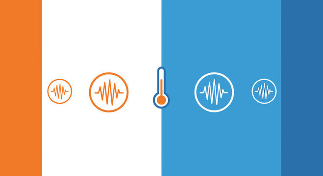 Thermometer and Sound Wave Icons on Split Orange and Blue Background