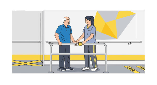 Physical Therapist Assists Elderly Man Walking with Parallel Bars in Rehabilitation Center