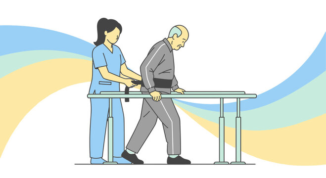Physical Therapist Assists Elderly Man Walking with Parallel Bars in Rehabilitation
