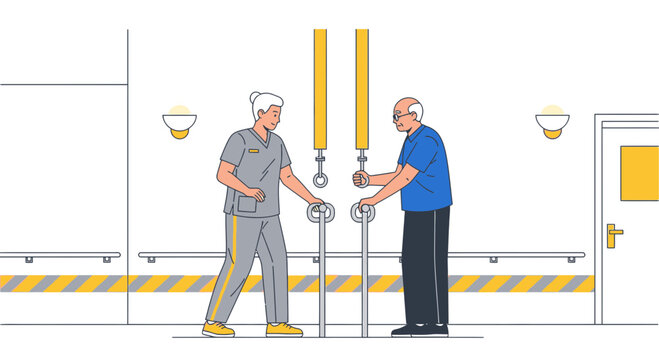 Physical Therapist Assists Elderly Man with Mobility Aids in Rehabilitation