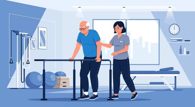 Physical therapy for elderly man with nurse assistance in rehabilitation center