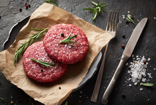 Raw beef burger patties on parchment paper garnished with rosemary and black pepper, set with salt and kitchen utensils on a dark rustic surface