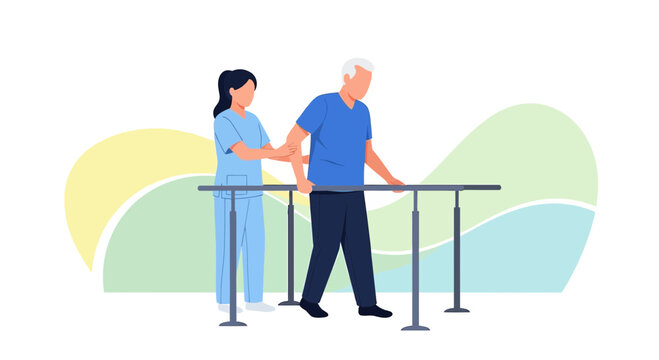 Physical Therapy: Senior Man Walks with Nurse Assistance on Parallel Bars for Rehabilitation