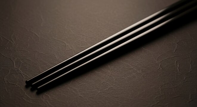 A set of three minimalist black lacquer chopsticks arranged diagonally on a textured brown surface