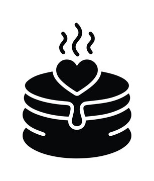 Pancake stack icon with heart shaped butter, hot breakfast food vector illustration, black silhouette of steaming pancakes for menu design
