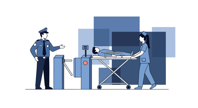 Security guard at checkpoint with nurse pushing patient on stretcher, hospital entry