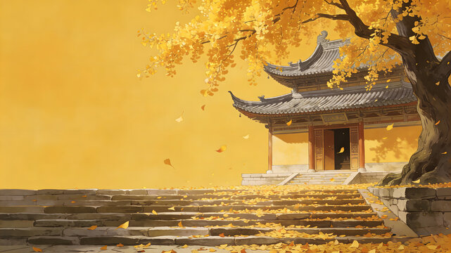 Traditional Chinese temple with golden ginkgo leaves falling on stone steps