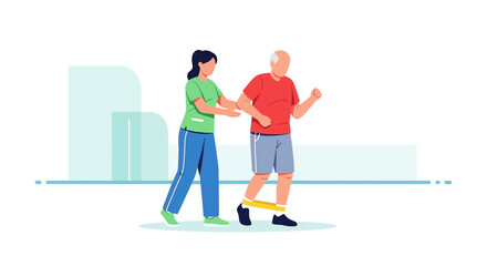 Fototapeta premium Physical therapist assisting elderly man with leg resistance band exercise