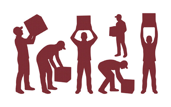 Delivery man silhouettes carrying cardboard boxes, professional movers lifting heavy packages, warehouse worker vector set for logistics and shipping