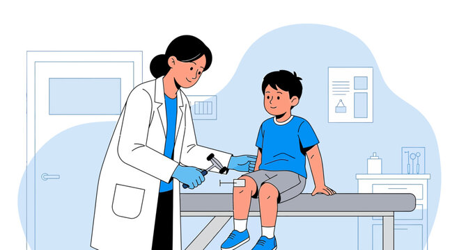 Pediatrician examining child's knee reflex with reflex hammer in clinic examination room