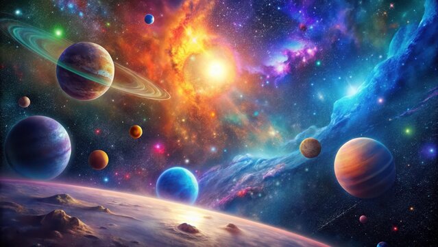 Cosmic landscape with vibrant stars and colorful nebulae surrounding multiple planets in a vast galaxy, stars