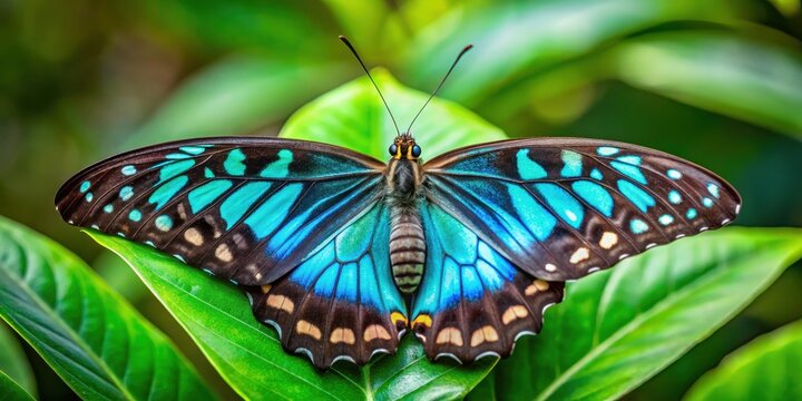 Large Vibrant Blue and Black Graphium Sarpedon Butterfly Resting On A Leaf With Its Wings Spread Open, blue butterfly, wildlife photography