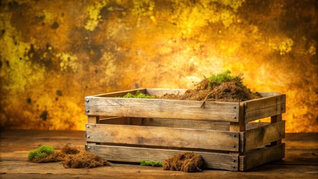 Weathered wooden crate on a gold background with soil and moss, partially worn away, giving a sense of age and abandonment
