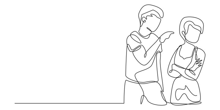 Continuous line drawing of a couple in conflict with a man pointing and a woman with arms crossed vector