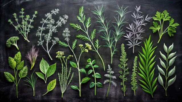 Chalk Drawn Garden Herbs on Black Paper, botanical illustration, thick strokes,  botanical illustration