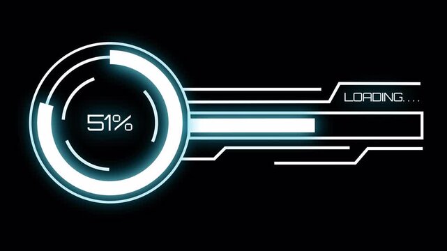 Digital futuristic loading screen with progress indicator and loading text good for progress or data transfer high quality professional modern UI, 4k animation, compatible alpha channel