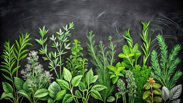 Detailed drawing of garden herbs with thick chalk strokes on black paper , Black Paper, Herbs