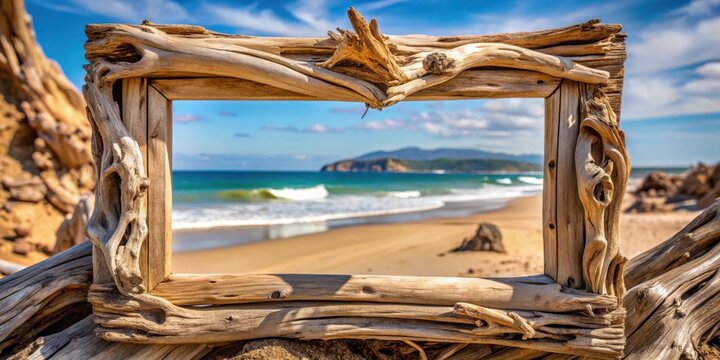 Weathered driftwood frame with intricate details and natural textures, set against a soft focus background of beachy scenery, natural elements, weathered wood