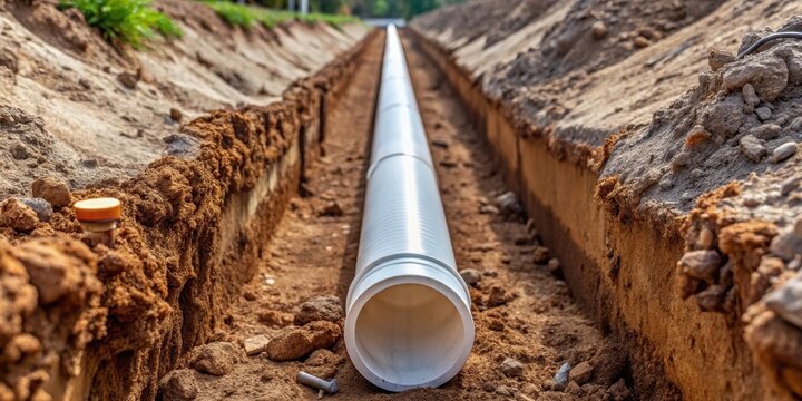 PVC pipe in trench ready to connect to home well water system, PVC pipe