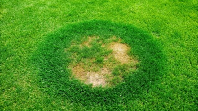 A lush green lawn with a large dead spot in the center, caused by fungal disease, surrounded by vibrant grass , lush, nature