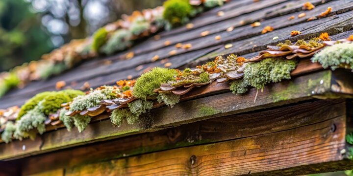 Fungal growths on a damp roof corner, with moss and lichen covering the wooden beam , texture, fungus