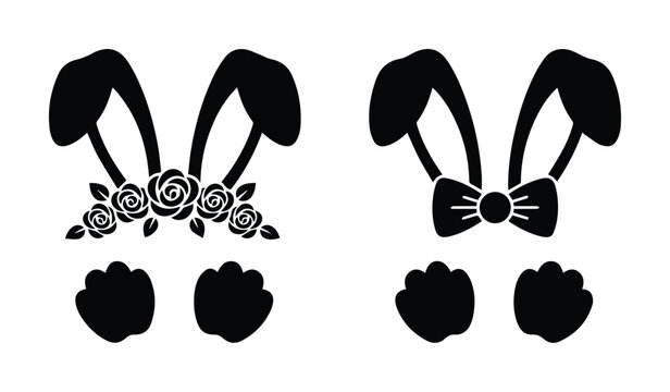 Easter bunny ears silhouette with floral crown and bow tie, cute rabbit ears and paws vector set, black rabbit head elements for spring crafts