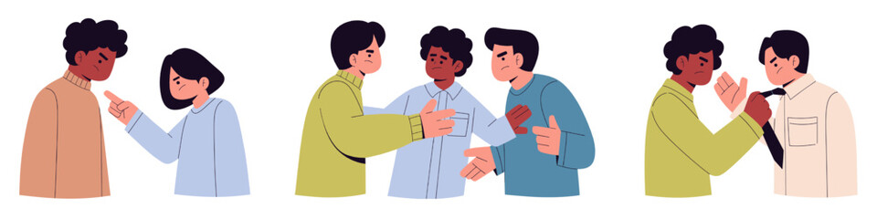 Obraz premium Flat vector illustration of people in conflict and argument scenes, diverse characters expressing anger, blame and tension through gestures, pointing fingers and heated discussion, modern cartoon 