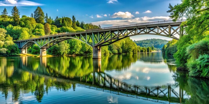 Bridge spanning the Willamette River in Corvallis with lush greenery and trees along its edges, Structure, Oregon